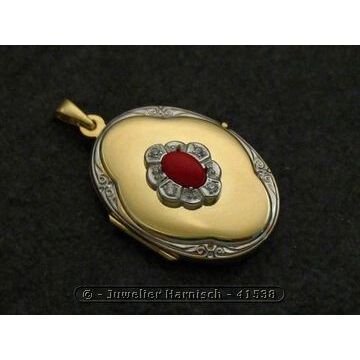 Medaillon in Rot & Koralle rot Medaillon Cabochon Gold 585 bicolor