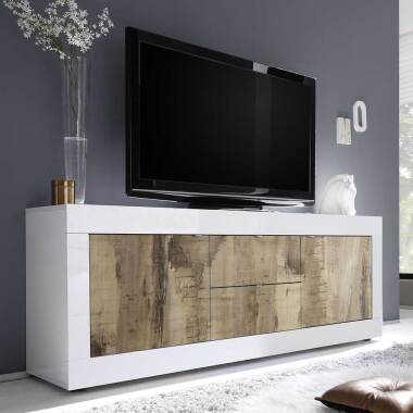 Modernes TV Sideboard in Weiß & Holz verwittert