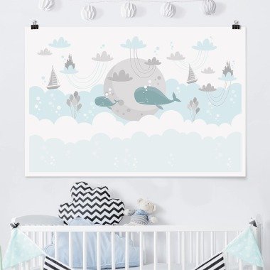 Poster Tiere Querformat Wolken mit Wal und Schloss