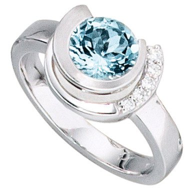 Damen Aquamarin-Schmuck & SIGO Damen Ring 585 Gold Weißgold 1 Aquamarin hellblau blau 5 Diamanten