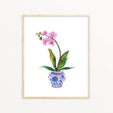 Grabvase in Weiß & Orchidee in Blau Und Weiß Vase Aquarell Kunstdruck.