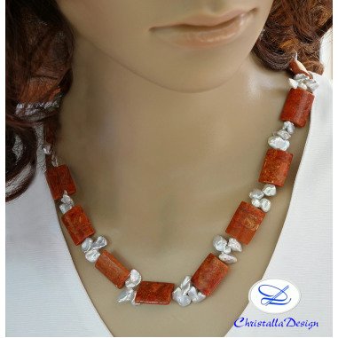 Halskette, Korallkette, Korallkette Mit Süßwasserperlen, 58 cm Lang, Unikat