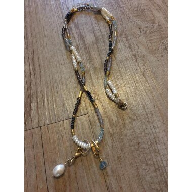 Perlenkette aus Silber & Halskette Süßwasser Perlen, Aquamarin, ... Unikat