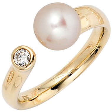 SIGO Damen Ring 585 Gold Gelbgold 1 Süßwasser Perle 1 Diamant Brillant