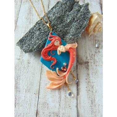 Sommerschmuck aus Gold & Korallenrote Fimo Meerjungfrau Halskette Schmuck