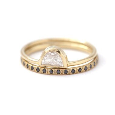 Boho Ehering Set, Schwarzer Diamant Ehering, Halbmond Ring, Verlobungsring, Cut