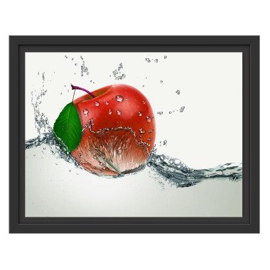 Gerahmtes Wandbild Köstlicher Apfel fällt ins Wasser