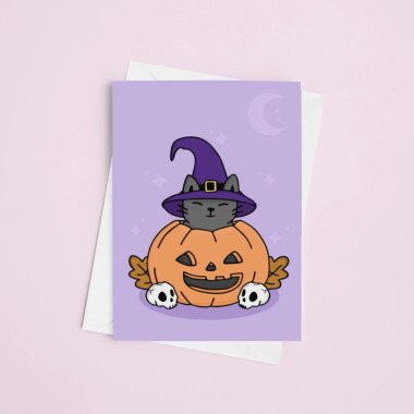 Kürbis-Katze Postkarte | Halloween Karte