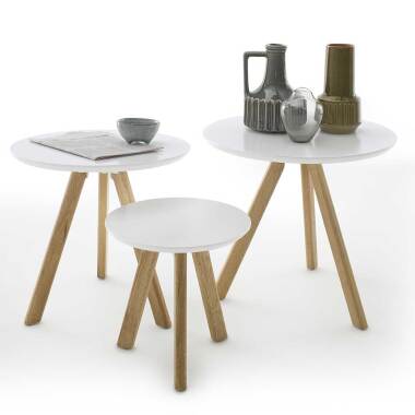 Runder Tisch aus Eiche & Beistelltisch Set in Weiß Eiche massiv Rund (dreiteili