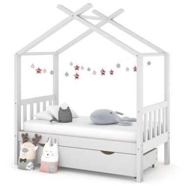 vidaXL Kinderbett mit Schublade Weiß Massivholz