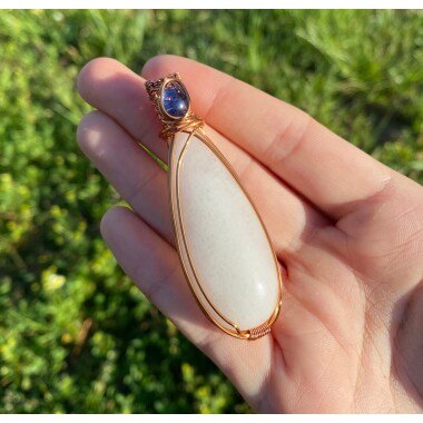 Wire Wrapped Pendant White Jade & Cyanite