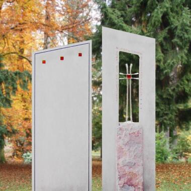 Ausgefallener Grabstein aus Kalkstein & Grabmal Doppelgrab modern rosa Sandstein mit Kreuz Fedelta