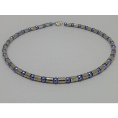 Halskette Metalltubes Mit Perlen Stahlblau, Glasperlenkette, Geschenk Für Sie