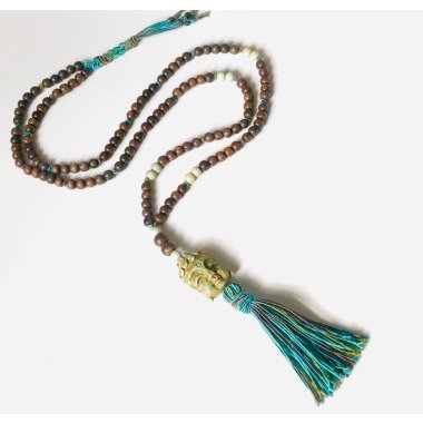 Perlenkette in Beige & Buddha Mala Halskette Holzperlen Anhänger Mit Quaste