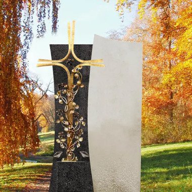 Grabstein mit Bronze Grabkreuz für ein Urnengrab in Granit/Kalkstein Forio Cru