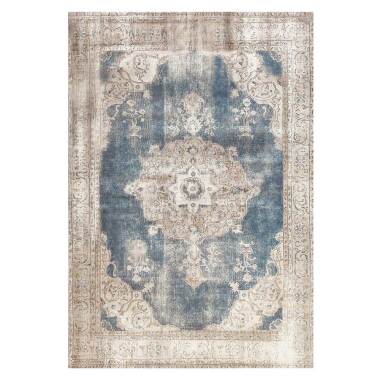 Vintage Design Teppich in Blau und Creme Weiß orientalisch gemustert