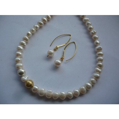 Brautschmuck aus Metall & Süßwasser Perlenkette Mit Echt Silber Kugeln