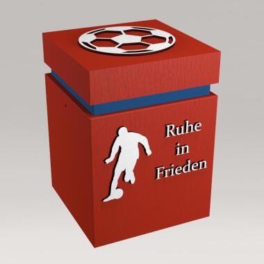Grab Urnen Modell in Rot & Urne mit Fußball Bild aus Holz im eckigen Design