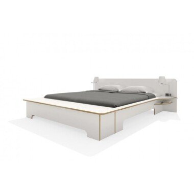 PLANE Doppelbett Weiß mit Birkenkante 140 x 210 cm mit Bettkasten