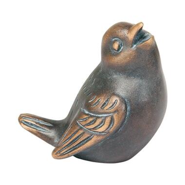 Sitzender Vogel singt Bronze Grabfigur Vogel Earl / Bronze Patina grün