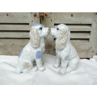 2 Vintage Porzellan Hunde/Blau & Weiß Spaniel
