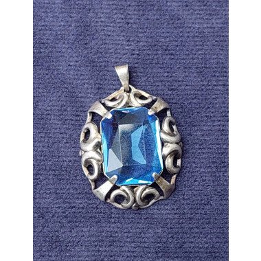 Antiker 835Er Silber Anhänger Blau Geschliffener Stein/Glas Antiker Silberschmu