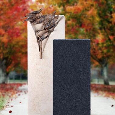 Hell/Dunkel Grabstein Doppelgrab mit Bronze Symbol Floral Acerra