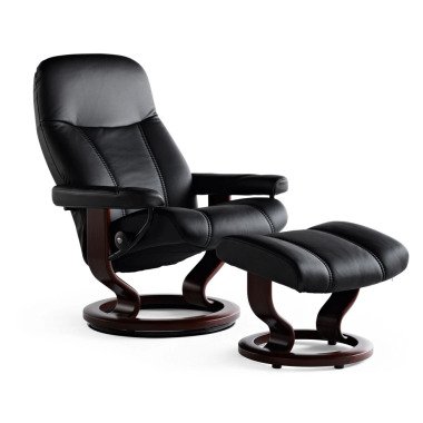 Stressless Sessel mit Hocker CONSUL M 2-teilig schwarz Rücken echt bezogen g