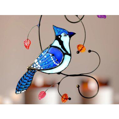 Blauhäher-Vogel-Glasmalerei-Fensterbehang