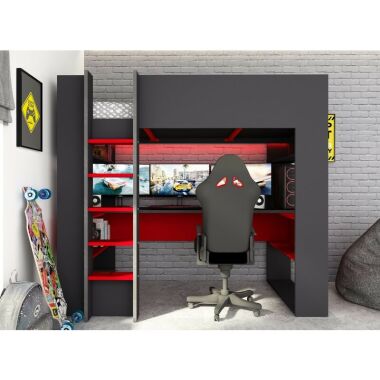 Caesaroo - Hochbett Gamer für ein Kind Graphit Schwarz und Rot mit Schreibtisch 