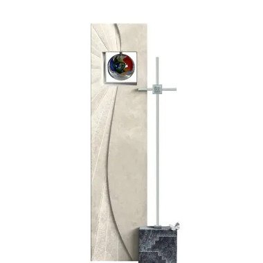 Grabstein mit Glas & Einzelgrabstein mit Metall Kreuz & Glas Sonne Aurigatis