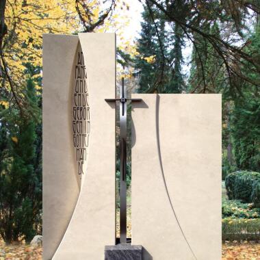 Modernes Grabdenkmal Naturstein zweiteilig groß mit Kreuz Magister