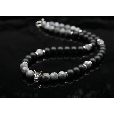Perlenkette in Schwarz & stahl Wolf Halskette Männer Grau Labradorit Perlen