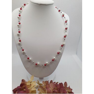 Perlenschmuck in Bunt & Perlenkette Weiß Rot Glasperlen Kette, Silberkette