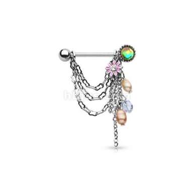 Schmuck Bastelset mit Stein & Brustwarzenpiercing Barbell mit hängenden Perlen Blume und Kristall