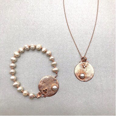 Schmuckset Mit 925 Silber Halskette Und Armband, Rosé Vergoldet, Perlen