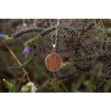 Blume Des Lebens Halskette Aus Edelstahl Und Holz | Gravur Silber Geschenk