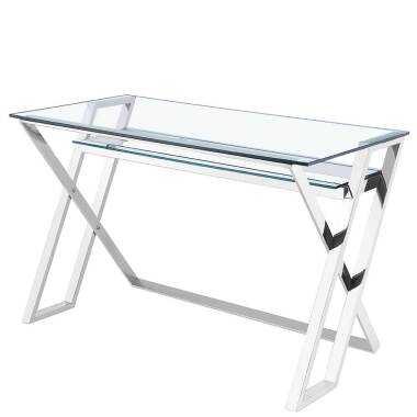 Design Schreibtisch aus Edelstahl Chromfarben Glasplatte