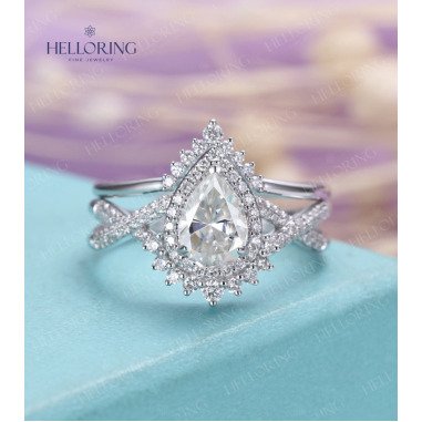 Vintage Birne Moissanit Verlobungsring Set Weißgold Diamant Halo Ring