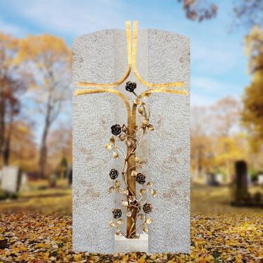Grabstein für Doppelgrab aus Kalkstein & Doppelgrabstein mit Bronze Grabkreuz