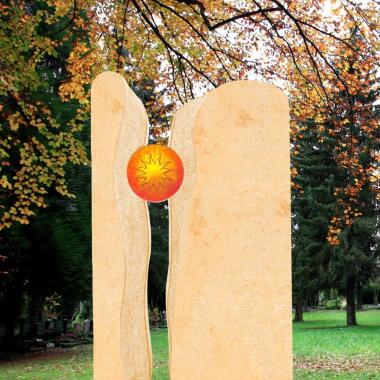 Heller Grabstein zweiteilig mit Glas Sonne Signum