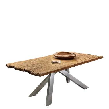 Holztisch rustikal in Teak und Altsilberfarben Recyclingholz und Metall