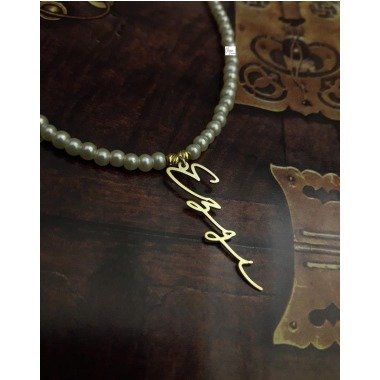 Namenskette Gold aus Metall & Signatur Halskette Mit Perlen 925 Silber