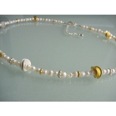 Perlenschmuck aus 925 Silber & Zarte Weiße Süßwasserperlen Halskette