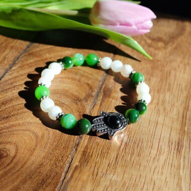 Armband Mit Hamsa-Perle Und Perlen Aus Weißem, Grünem Schwarzem Achat