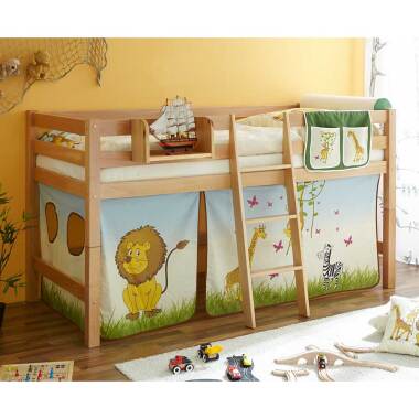 Buchehängeregal aus Massivholz & Kinderzimmer Bett mit Vorhang im Zootier