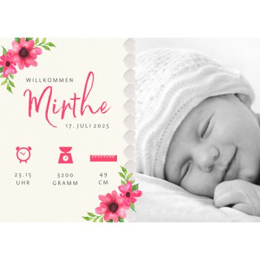 Geburtskarte Foto, Blumen&Symbole