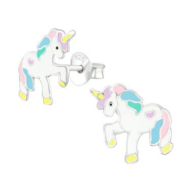 Kinder Ohrstecker Einhorn Pferd 925er Silber Ohrringe Herz hellblau/rosa