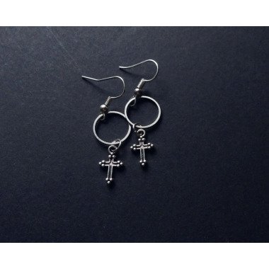 Kleine Kreuz Hoop-Ohrringe, Silberne Hoops Mit Kreuzen, Gothic Ohrringe