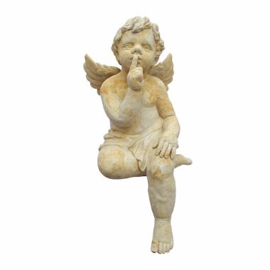 Engel Skulptur & Lieblicher Engel mit Leise-Geste zum Hinsetzen aus Steinguss Anahera / Antikgr
